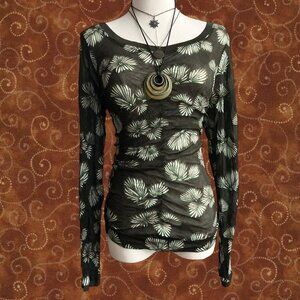Vintage Sheer Leaf-Print Long Sleeve Top — Size Medium